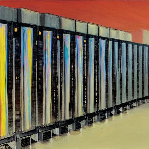 Image similar to a painting by Wayne Thiebaud inside of a high end data center on fire by Wayne Thiebaud