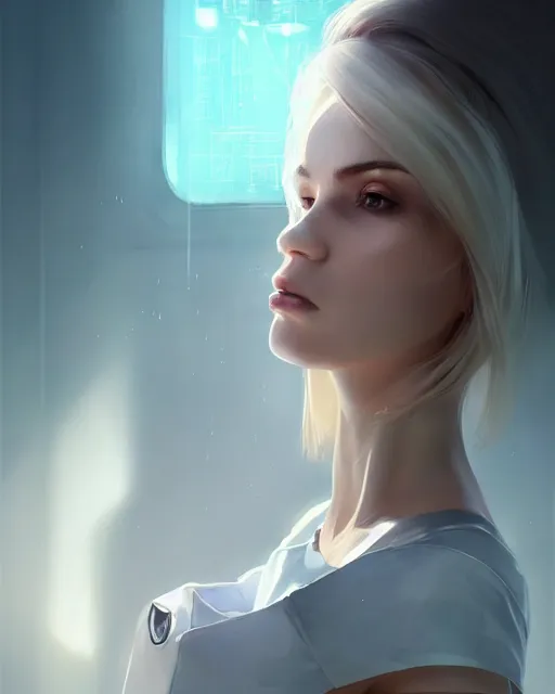 Image similar to beautiful nordic woman wearing futuristic nurse outfit, beautiful, detailed portrait, cell shaded, 4 k, concept art, by wlop, ilya kuvshinov, artgerm, krenz cushart, greg rutkowski, pixiv. cinematic dramatic atmosphere, sharp focus, volumetric lighting, cinematic lighting, studio quality