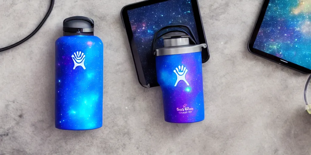 Image similar to hydro Flask, space, galaxy, glow, neon, closeup,