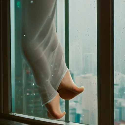 Prompt: woman with her feet on window of high rise condo. Raining outside. Cinestill 800t.