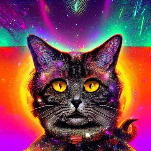 Prompt: interdimensional cat bodhisattva, magical synthwave digital art trending on artstation