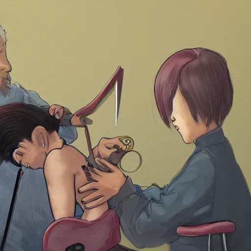 Prompt: a barber struggles to cut the hair of conjoined twins, by miyazaki and soraya, trending on artstation