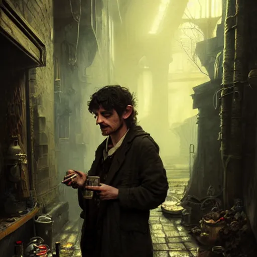 Image similar to Drug addict hobbit smoking in a dark alley, ultra realistic, concept art, intricate details, dark, highly detailed, photorealistic, octane render, 8k, unreal engine, art by artgerm and greg rutkowski and alphonse mucha