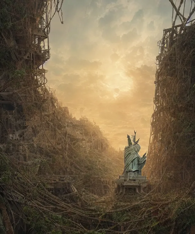 Image similar to highly detailed digital matte painting of an overgrown, abandoned, damaged Lady of Liberty, taken back by nature Full shot. By Raphael LaCoste and Ruan Jia and Robert McCall, postcyberpunk, geodesic dome, hyperdetailed, sunrise, wide shot, autochrome, octane render