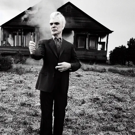 Image similar to David Byrne committing arson, burning down his house