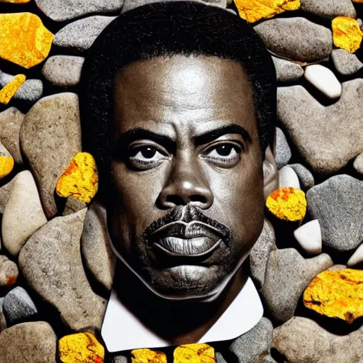 Image similar to a portrait of of chris rock constructed from rocks, collage, drop shadow, organic, layered composition, layers, texture, mcu, petals, highly textured, layered, sculpted, dynamic,