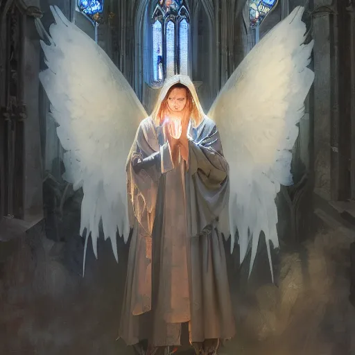 Image similar to angel protecting man who is praying inside a gothic church by Stanley Artgerm Lau, WLOP, Rossdraws, James Jean, Andrei Riabovitchev, Marc Simonetti, Yoshitaka Amano, ArtStation, CGSociety