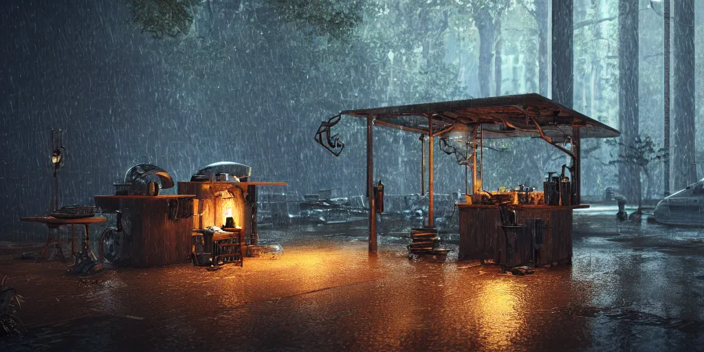 Image similar to blacksmith stall, cyberpunk, rain, in a forest, octane render