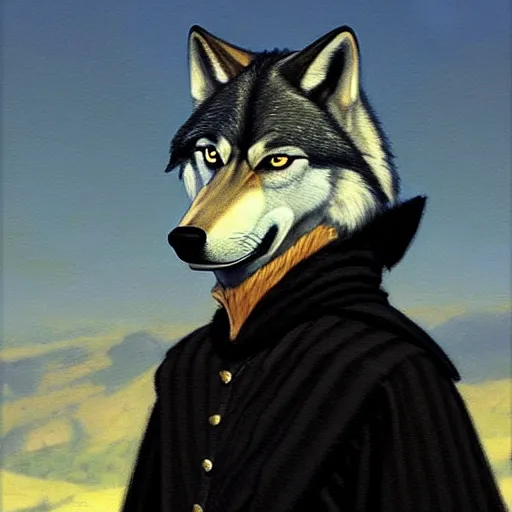 Image similar to an anthropomorphic wolf in a black doublet looking out over the hills, artstation hq, stylized, sharp focus, concept art, furaffinity fursona, furry, anthropomorphic, by gregory manchess and norman rockwell, rim lighting