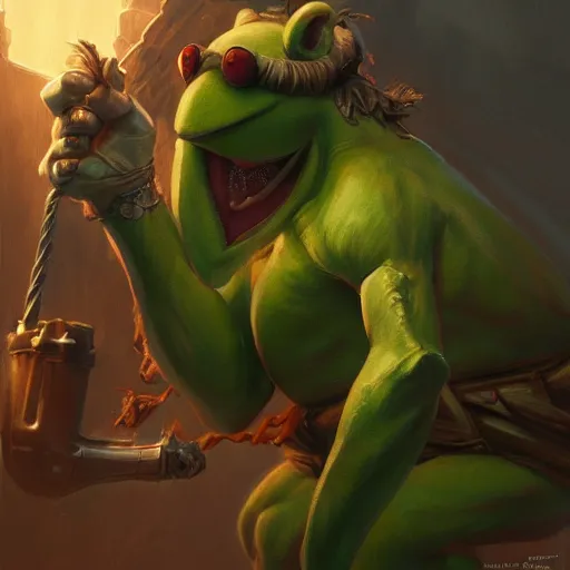 Prompt: kermit the frog as a buffed up orc like warrior, ultrarealistic, dramatic lighting, electrical details, high details, 4 k, 8 k, best, accurate, trending on artstation, artstation, photorealism, ultrarealistic, digital painting, style of peter mohrbacher, caravaggio, boris vallejo