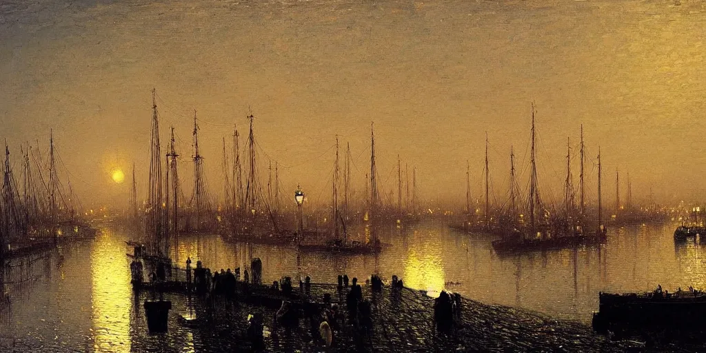 Image similar to Victorian harbour night, A beautiful painting of john atkinson grimshaw, autumn