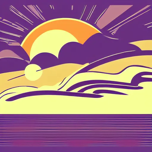 Image similar to a retro vector based illustration about a sunset on the ocean by Mike magnolia, negative space is allowed, black ink on white background, smooth curves