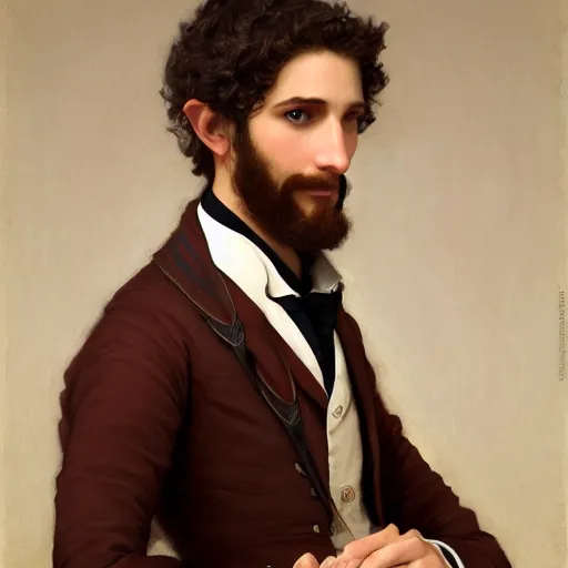 Prompt: detailed portrait painting of gentleman elf wearing brown tuxedo by William-Adolphe Bouguereau, fantasy, artstation, deviantart, dungeons & Dragons, RPG