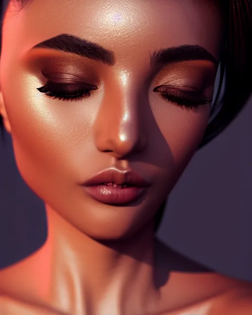 Image similar to beautiful female, arabic, haze, model, brown skin, intricate, filter, symmetrical face, makeup, sephora, maybelline, studio, reflections, cinematic, filmic, vsco, concept art, artstation, elegant, model, gorgeous, vray, flim, octane render, ambient occlusion, prism details