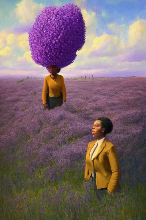 Prompt: portrait, giant lilac flower as head, a black woman in a suit in heather field, surreal photography, golden hour, colorful clouds, impressionist painting, digital painting, artstation, simon stalenhag