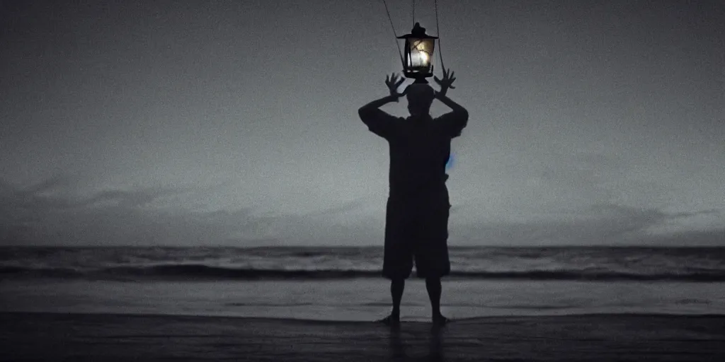 Image similar to film still of closeup old man holding up lantern by his beach hut at night. pirate ship in the ocean by emmanuel lubezki