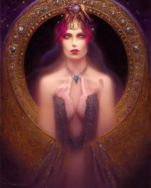 Image similar to Nocturne, glowing, stars, a portrait of a beautiful female shadow djinn with jeweled collar, long hair, glowing eyes, highly detailed, mysterious, ethereal, dressed in velvet and gold jewelry, haute couture, illustration, dramatic lighting, painting, by Edmund Blair Leighton, Brom, Charlie Bowater, trending on artstation, faces by Tom Bagshaw, otto schmidt