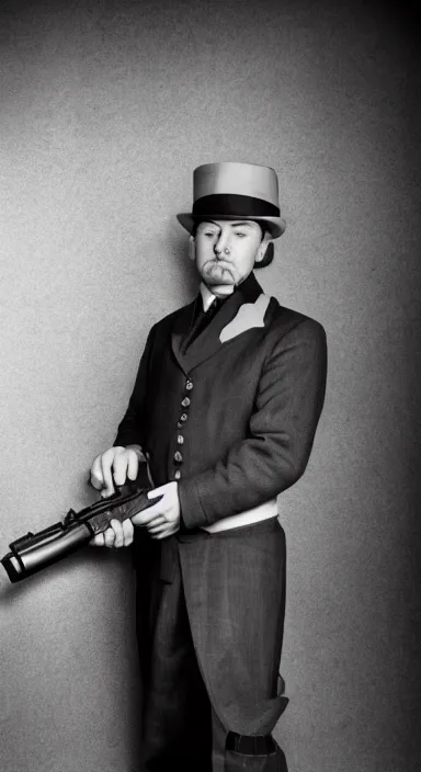 Image similar to Full body portrait of a man with a stern look dressed in a 1930s attire. He is pointing a gun and seems mentally unstable. 4K, dramatic lighting