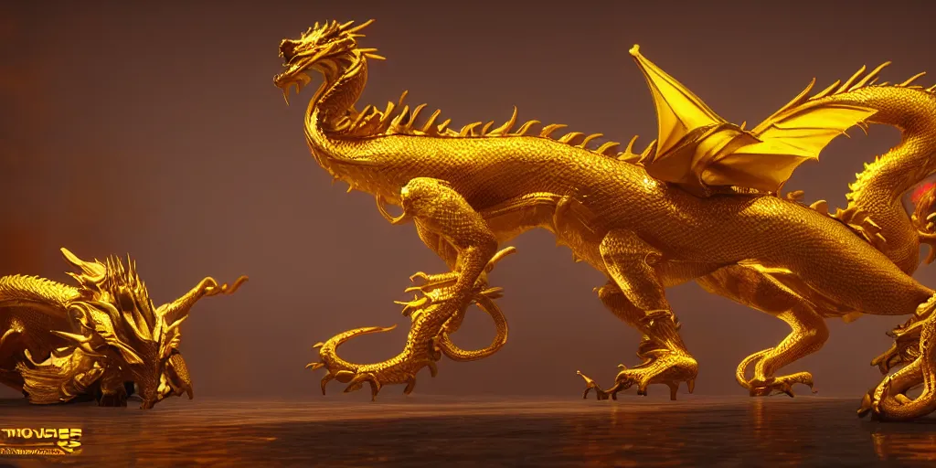 Image similar to golden dragon, unreal 5, hyperrealistic, realistic, photorealistic, dynamic lighting, highly detailed, cinematic landscape, studio landscape, studio lighting