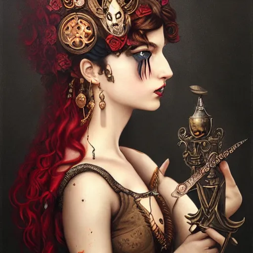 Prompt: tom bagshaw, soft painting of a curiosities carnival steampunk, beautiful young aristocrat blessing sword in full dress, perfectly detailed, symmetrical accurate intricate sensual features, highly detailed, artstation, sharp focus