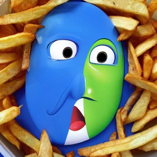 Image similar to [ a french fry chip ] shaped like stephen fry as a pixar character hybrid intercross mix