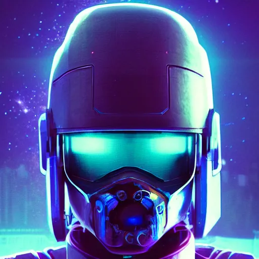 Image similar to cyberpunk concept cool character warrior bot, cinema 4 d, galaxy, ufo, space sci - fi, wearing vr goggles, illustration, portrait, pastel neon textured background night, trending on artstation, greg rutkowski, octane rendered, 1 2 k, detailed,