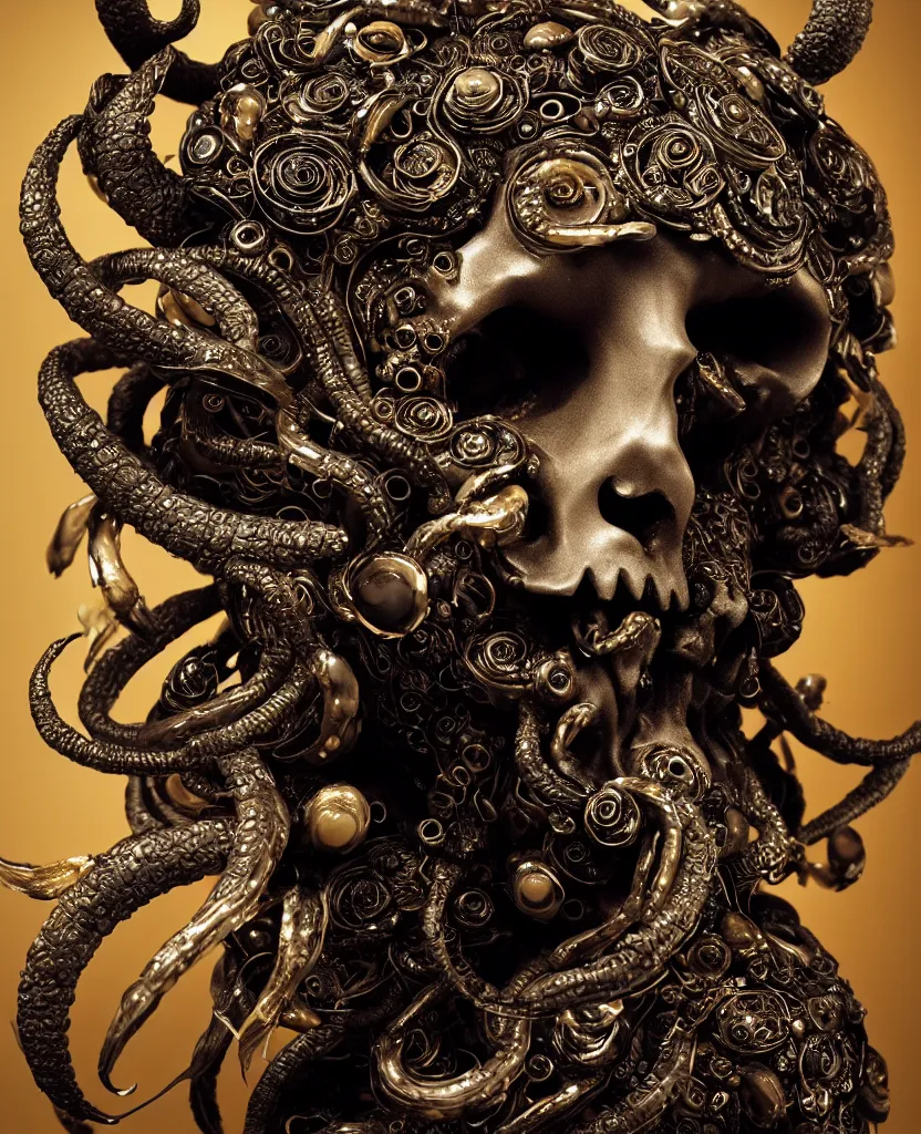 Image similar to goddess princess face close-up portrait ram skull. sculpture made of black clay and gold. jellyfish phoenix head, nautilus, orchid, skull, betta fish, bioluminiscent creatures, intricate artwork by Tooth Wu and wlop and beeple. octane render, trending on artstation, greg rutkowski very coherent symmetrical artwork. cinematic, hyper realism, high detail, octane render, 8k