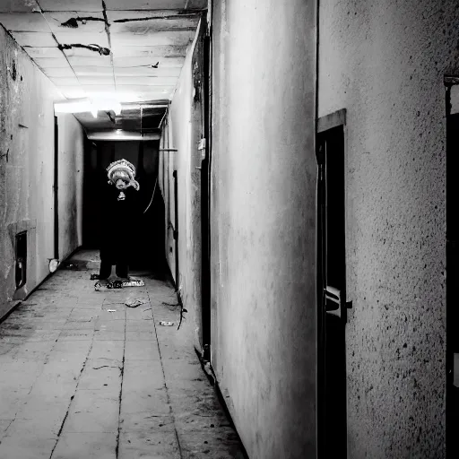 Image similar to scary old lady laughing in an abandoned prison, security camera, black and white, real