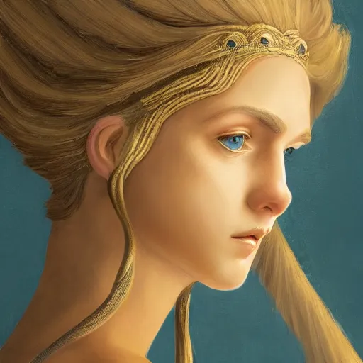 Prompt: Portrait of Helen of Troy, Ancient Greece, face, flowing blonde hair, Greek Mythology, Trojan War, Iliad, fantasy, intricate, elegant, beautiful, magical, large blue eyes, luminescent, enchanted, yellow mist, highly detailed, hyper realistic, digital painting, artstation, concept art, smooth, sharp focus, 4k, 8k
