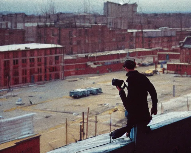 Image similar to lomo photo of man standing on the roof of soviet hrushevka, small town, cinestill, bokeh, out of focus