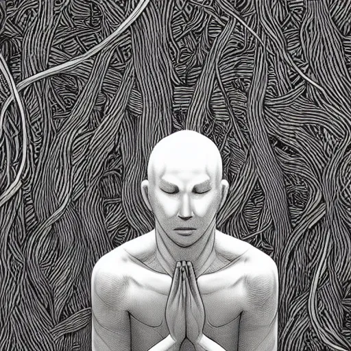 Prompt: monochrome faceless man praying with vines grow on his body, death, irregular, photorealistic, monochrome, hyper realism, unreal engine, trending in artstation