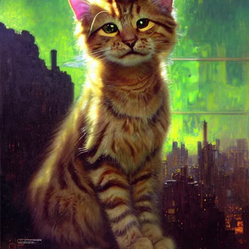 Image similar to a portrait of a humanoid fluffy tabby cat feline with green human eyes wearing a jumpsuit. shadowrun cyberpunk fantasy highly detailed painting by gaston bussiere craig mullins jc leyendecker gustav klimt artgerm greg rutkowski john berkey, bergey, craig mullins, ruan jia, raymond swanland, jeremy mann, tom lovell, alex malveda