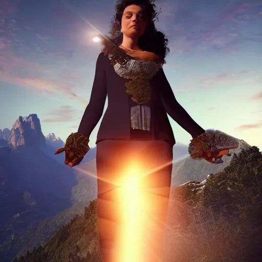 Image similar to renaissance woman using a smarting , centered full body shot, full pov, studio light, italian mountains background, intricate, epic lighting, cinematic composition, hyper realistic, 8k resolution, unreal engine 5