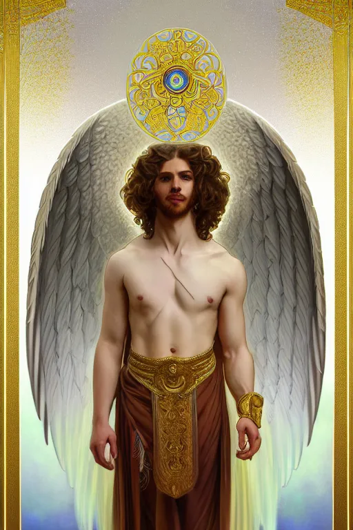 Image similar to fullbody portrait of a beautiful young fit male angel with curly blond hairs, soft smile, blessing hands, dressed with long fluent tunic, majestic symmetrical eagle wings, luminous halo, by greg rutkowski and alphonse mucha, gradient white to gold, in front of an iridescent background, highly detailed, digital painting, artstation, concept art, smooth, sharp focus illustration