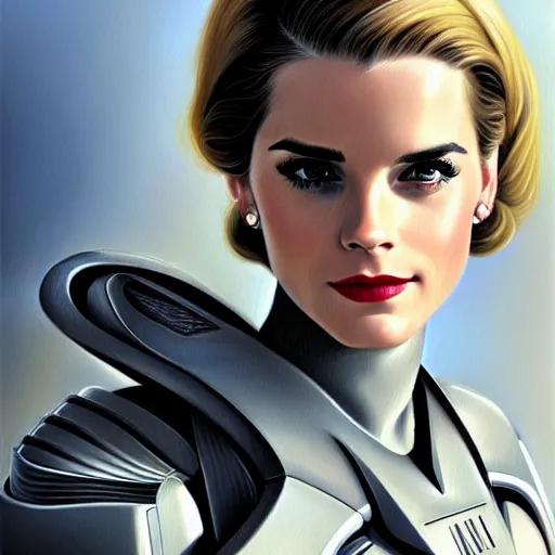 Image similar to A combination of Grace Kelly's and Emma Watson's and Ashley Greene's appearances with blonde hair wearing Master Chief's armor, full body portrait, futuristic, dramatic, fantasy, intricate, elegant, highly detailed, digital painting, artstation, concept art, matte, sharp focus, illustration, art by Donato Giancola and James Gurney