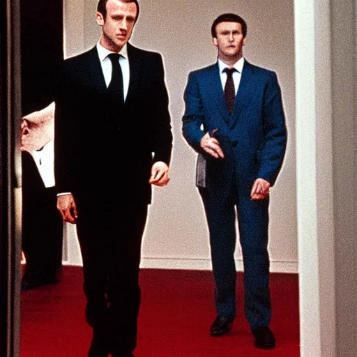 Prompt: Emmanuel Macron walking in American Psycho (1999)