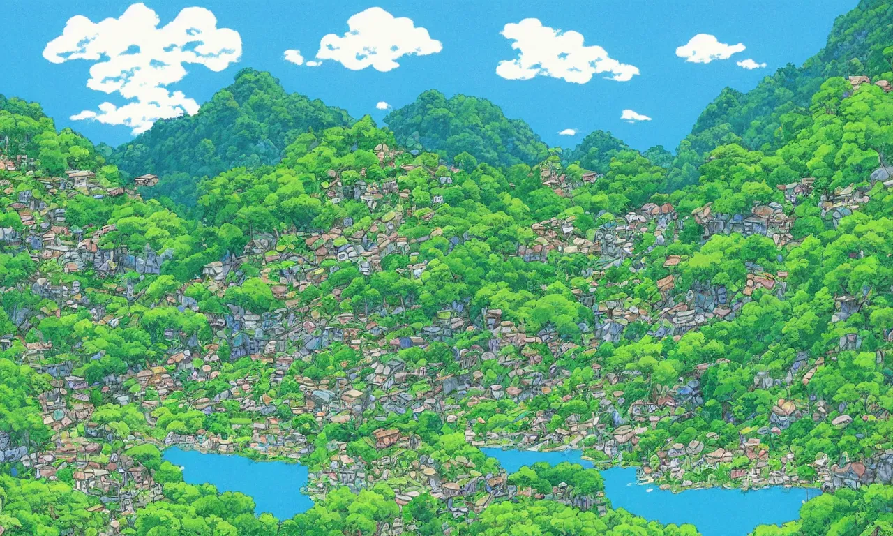 Image similar to a village down the mountain, river across the painting, blue sky, summer, green, sunshine, trees, by studio ghibli and hayao miyazaki