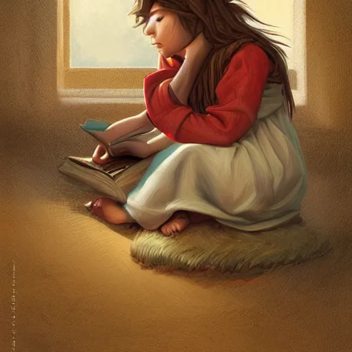 Prompt: village girl reading a book, highly detailed, digital painting, artstation, concept art, illustration, art by artgerm and Johfra Bosschart