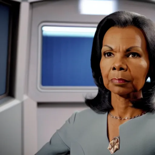 Prompt: Condoleezza Rice as a crew member on Star Trek the original series, XF IQ4, f/1.4, ISO 200, 1/160s, 8K, RAW, unedited, symmetrical balance, in-frame