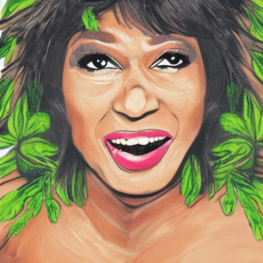 Image similar to tina turner portrait, green turnip hair as leaves, vegetable