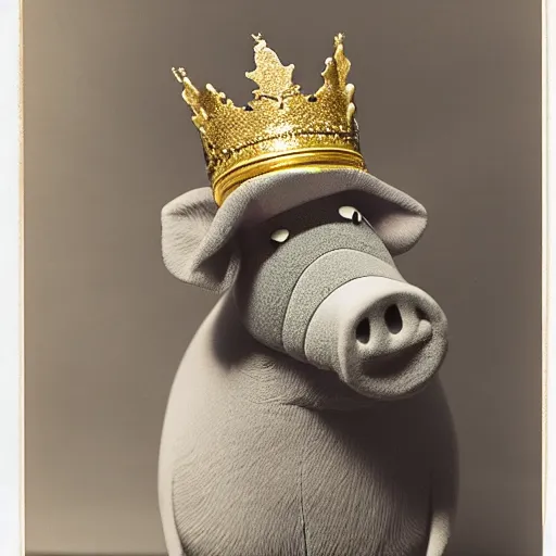 Image similar to studio photograph of a pig depicted as a muppet wearing a gold crown, front view