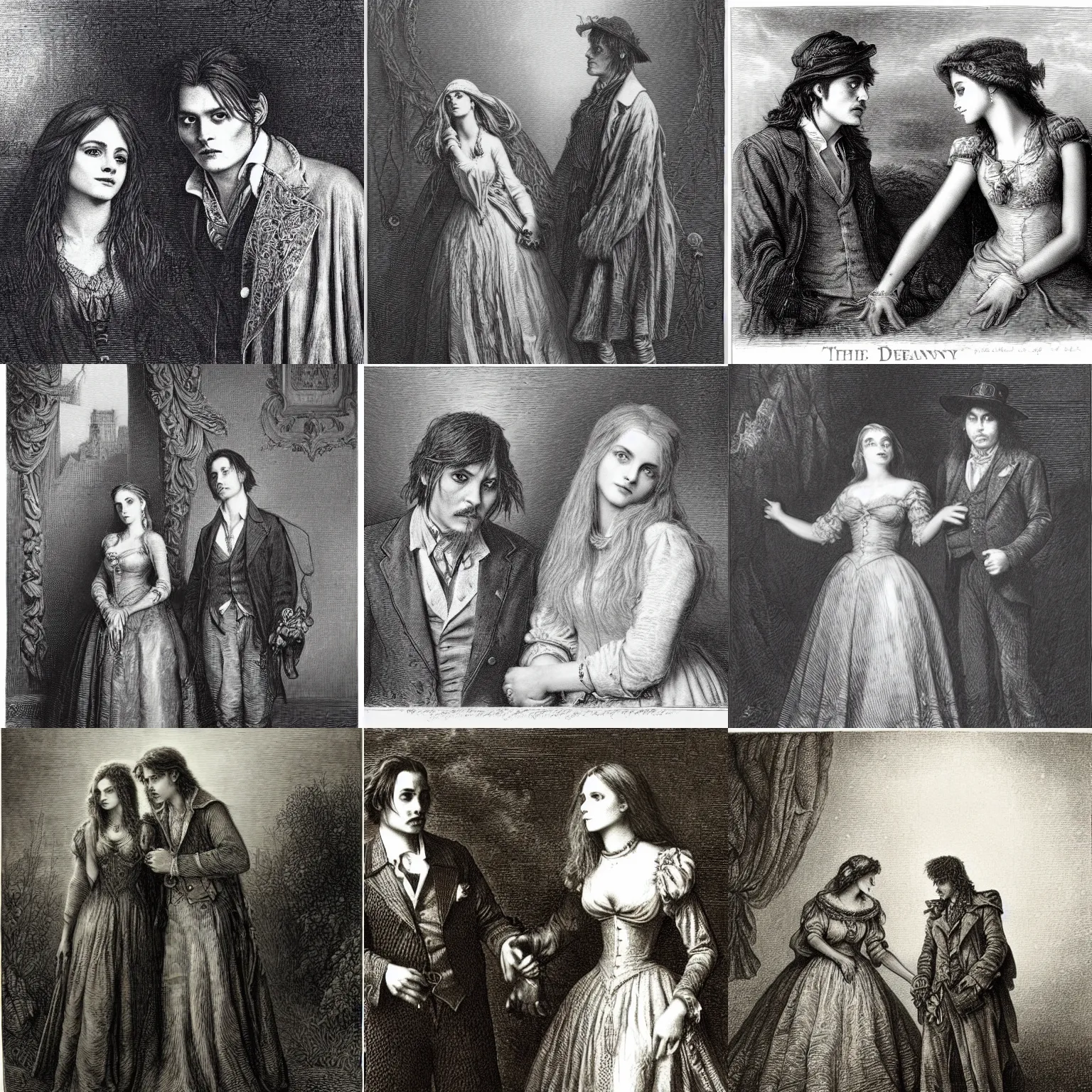 Prompt: Johnny Depp and Emma Watson as Josef and Mary, engraving by Gustave Doré