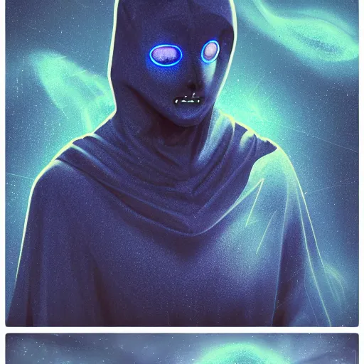 Image similar to award - winning. trending on artstation. 4 k. a faceless astral figure wearing a hooded cape made of the night sky with 1 dark blue glowing eye on its face. full - body.