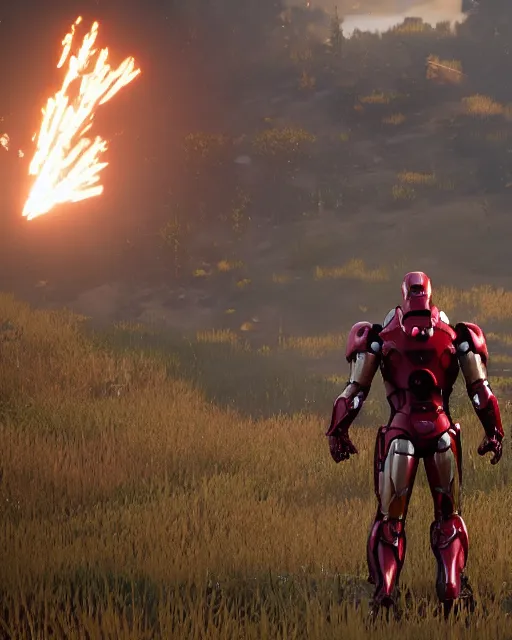 Image similar to iron man styled mech suit in red dead redemption 2, cinematic, photorealistic