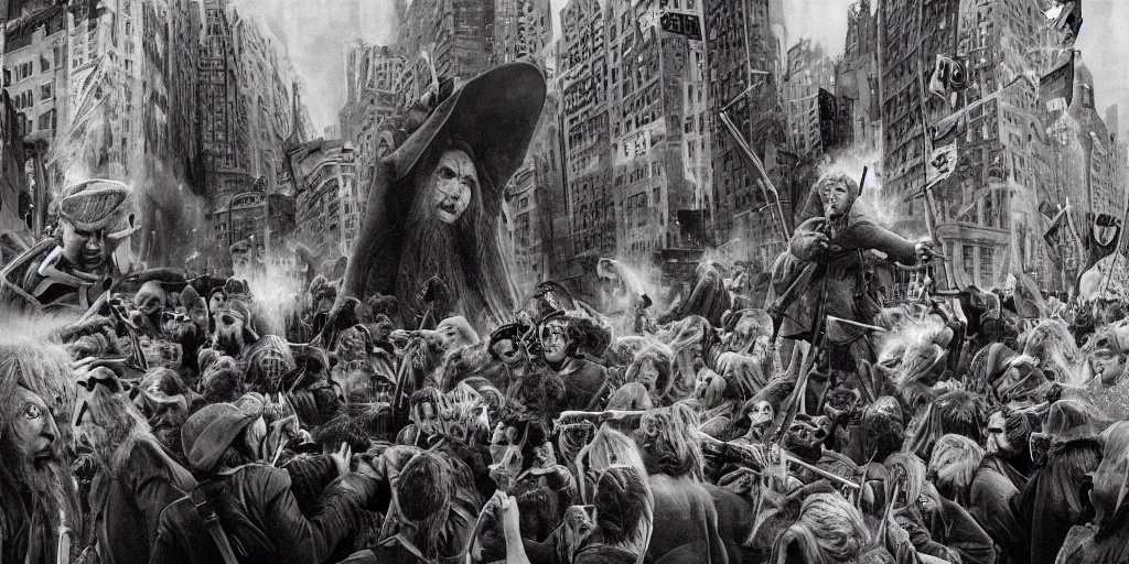 Image similar to hobbits rioting in the streets of new york, surrealism aesthetic, detailed facial expressions