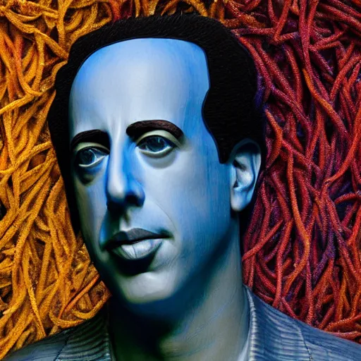 Image similar to hyperrealistic mixed media image of a statue of jerry seinfeld made entirely of multicolored dry noodles, stunning 3 d render inspired art by istvan sandorfi and greg rutkowski, perfect facial symmetry, realistic, highly detailed attributes and atmosphere, dim volumetric cinematic lighting, 8 k octane extremely hyper - detailed render, post - processing, masterpiece,