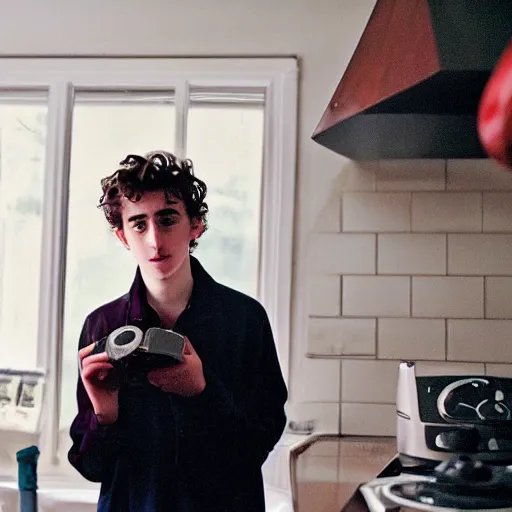 Image similar to timothee chalamet standing in my kitchen and eating a kidz bop cd, 3 5 mm photograph, cursed image, standing menacingly