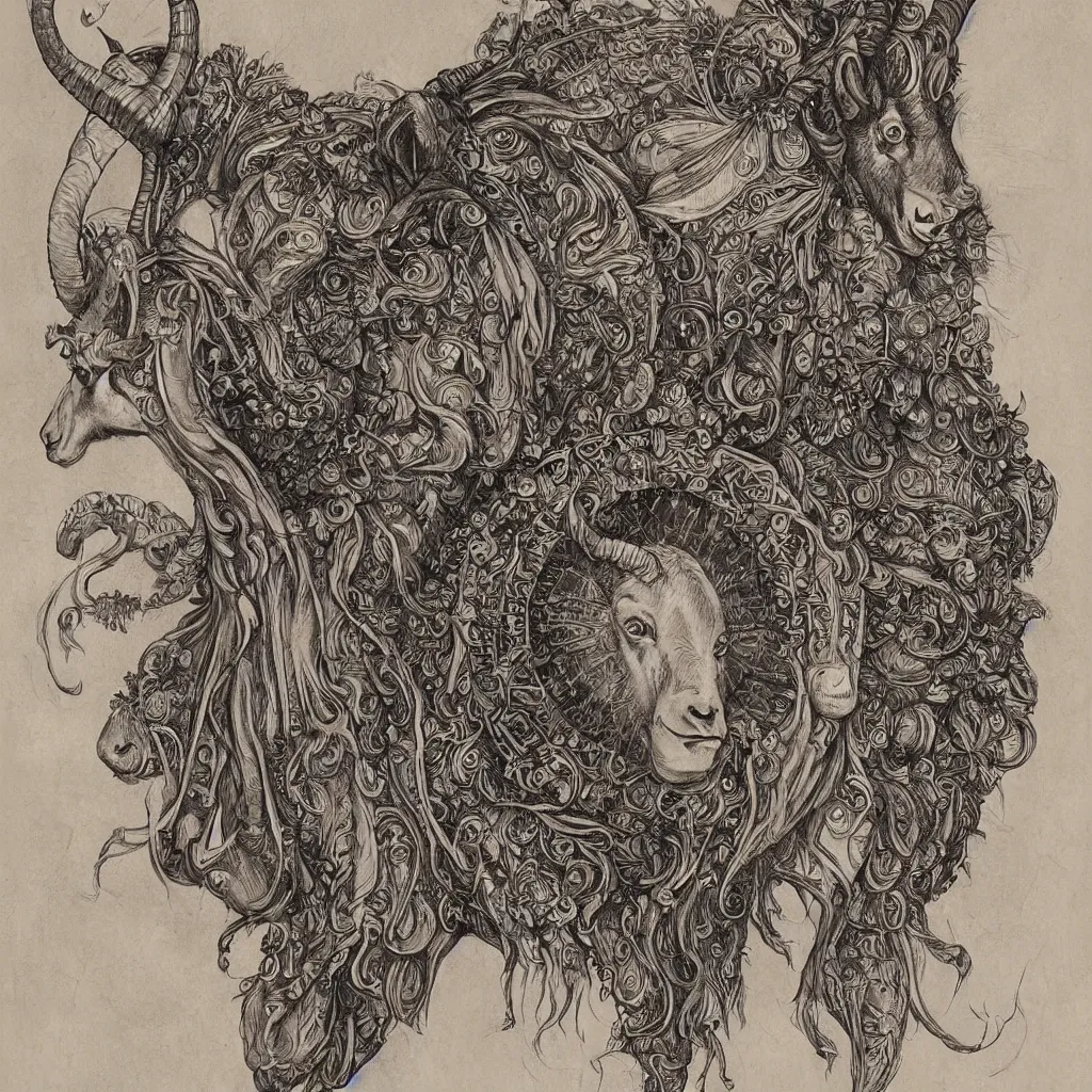 Prompt: beautiful ceremonial bilaterally symmetrical goat mask, fibonacci flow, acroteria, encarpus, shield emblem, large medium and small elements, by russ abbott, albrecht durer, artgerm, rutkowski