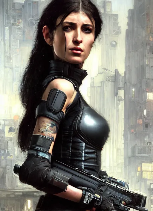 Prompt: Beautiful Nikkita. beautiful cyberpunk assassin wearing a military vest and military stealthsuit (cyberpunk 2077). gorgeous face. Russian woman. Iranian orientalist portrait by john william waterhouse and Edwin Longsden Long and Theodore Ralli and Nasreddine Dinet, oil on canvas. Cinematic, hyper realism, realistic proportions, dramatic lighting, high detail 4k
