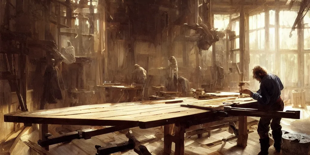 Prompt: simple craftsman fine woodworker building a wooden table in their well lit clean open workshop, art by anders zorn, wonderful masterpiece by greg rutkowski, beautiful cinematic light, american romanticism thomas lawrence, greg rutkowski